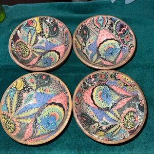 SET OF 4 WORLD MARKET JANICE SMALL MULTICOLOR ENAMEL WOOD BOWLS